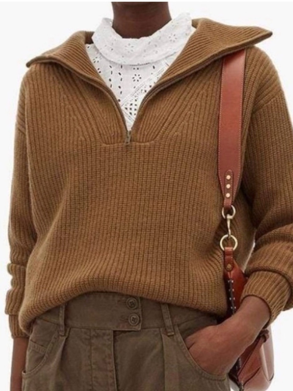 Nili Lotan Hester Cashmere Half Zip Pullover Sweater Rust Brown Small Ribbed